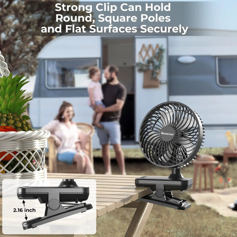 10000mAh Clip On Fan With 42 Hour Run Time Beast Mode Cooling on table near RV camping site