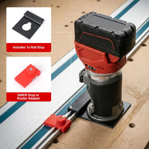 Heavy Duty Guide Rail Adapter Fits Milwaukee Compact Router using Smooth As Butter Track Mounting on straight track for precision cuts.