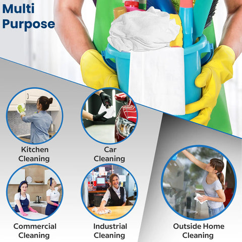 Person holding cleaning supplies in a caddy showing Lint Free 100 Percent Cotton Cleaning Rags 15 Pack 18x18 White Cloths.