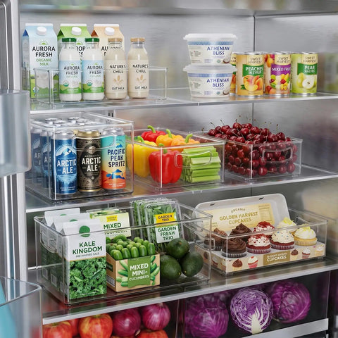 Kick Clutter To The Curb With These 8 Pack Freezer Organizer Bins Featuring Reinforced Handles And Thickened Food Grade Plastic For Fridge Pantry Storage That Really Keeps Your Kitchen Game Strong, holding drinks and food in a fridge.