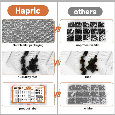 Comparison of Hardworking 500 Piece Set Screw Kit With 25 Sizes Metric And SAE showing bubble film packaging, steel quality, and labels.