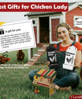 Woman holding Grit And Oyster Shell Feeder Combo No Spill Weatherproof Heavy Duty Design Lift Off Wall Mounted Metal Dispenser With View Window Chicken Coop Accessory Gift For Lovers And Women in front of a chicken coop.