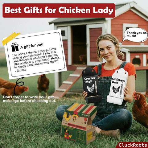 Woman holding Grit And Oyster Shell Feeder Combo No Spill Weatherproof Heavy Duty Design Lift Off Wall Mounted Metal Dispenser With View Window Chicken Coop Accessory Gift For Lovers And Women in front of a chicken coop.