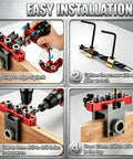 Heavy Duty Self Centering Doweling Jig Kit With Precision Drill Guide For Woodworking Crafts demonstrating easy installation steps with detailed visuals.