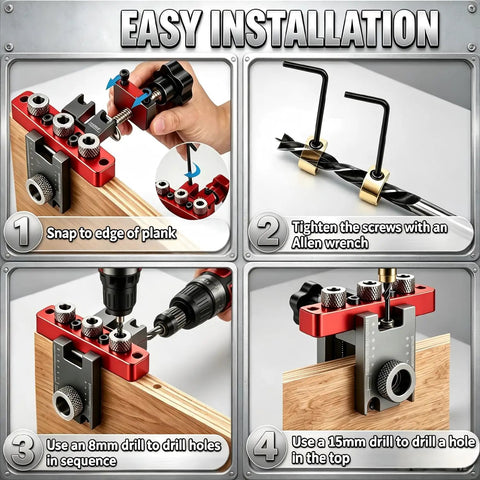 Heavy Duty Self Centering Doweling Jig Kit With Precision Drill Guide For Woodworking Crafts demonstrating easy installation steps with detailed visuals.