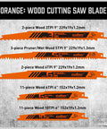 Front view of HORUSDY 40-piece reciprocating saw blade set for wood and metal with orange blades and storage pouch