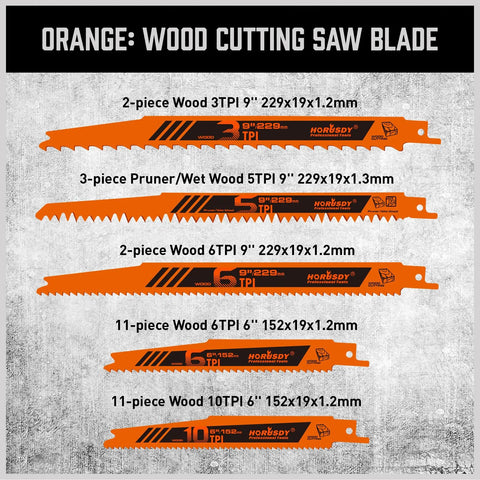 Front view of HORUSDY 40-piece reciprocating saw blade set for wood and metal with orange blades and storage pouch