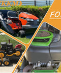 Collage of various lawn mowers and outdoor equipment with orange and green accents in a garden setting.