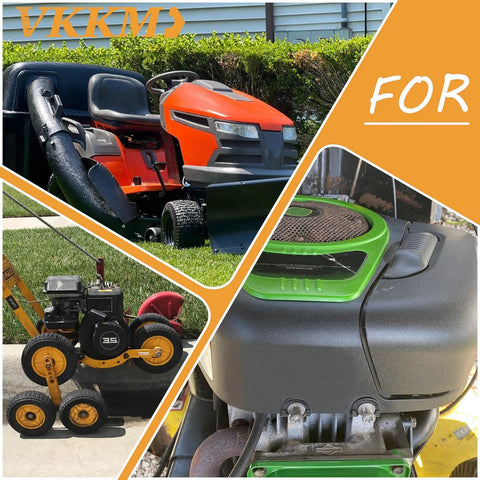 Collage of various lawn mowers and outdoor equipment with orange and green accents in a garden setting.