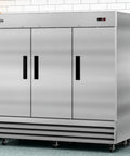 Heavy Duty Three Door Commercial Reach In Freezer With Stainless Steel And Aluminum Interior, 72 cubic foot storage.