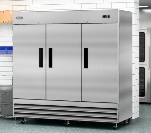 Heavy Duty Three Door Commercial Reach In Freezer With Stainless Steel And Aluminum Interior, 72 cubic foot storage.