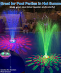 Floating Pool Fountain With Underwater Light Show And Anchor, Two Spray Modes, Colorful Night Water Display For Inground And Above Ground Pools, Durable Pump, Easy Setup, And Fun Pool Decor in action at night with colorful lights.