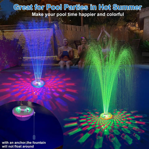 Floating Pool Fountain With Underwater Light Show And Anchor, Two Spray Modes, Colorful Night Water Display For Inground And Above Ground Pools, Durable Pump, Easy Setup, And Fun Pool Decor in action at night with colorful lights.