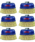 Tough As Nails 6 Pack 4 Inch Wire Cup Brushes For Angle Grinders With 5/8 Inch Arbor, featuring coarse crimped steel bristles.