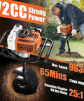 Gas Powered Auger Post Hole Digger With 72cc Engine Includes 6 Inch And 8 Inch Drill Bits Two Extension Rods 31.5 And 15 Inches Ideal For Farmland Garden And Planting Projects being used by a man in a garden.