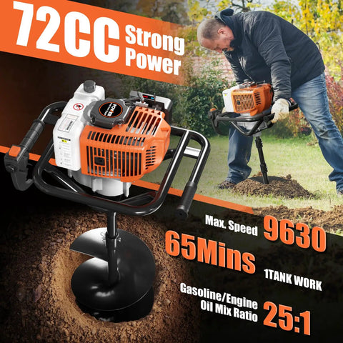 Gas Powered Auger Post Hole Digger With 72cc Engine Includes 6 Inch And 8 Inch Drill Bits Two Extension Rods 31.5 And 15 Inches Ideal For Farmland Garden And Planting Projects being used by a man in a garden.