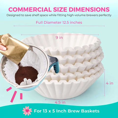 Extra Large Commercial Coffee Filters 12.5 x 4.5 For 1.5-3 Gallon Brewers No Ground Overflow And Big Batch Brewing Fits 13 x 5 Brew Baskets