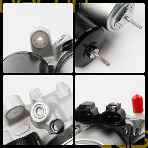 Premium Heavy Duty ABS Brake Booster Pump With No Sweat Direct Bolt On Fitment For Toyota Prius And RAV4 2010 To 2015 close-up showing connection points and design details.