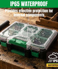 13.5 Inch Small Parts Organizer Box With Stackable Design, 7 Compartments And Removable Dividers, showcasing IP65 waterproof feature
