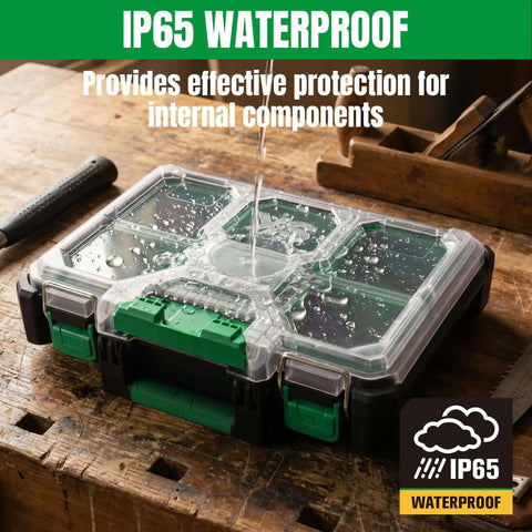 13.5 Inch Small Parts Organizer Box With Stackable Design, 7 Compartments And Removable Dividers, showcasing IP65 waterproof feature
