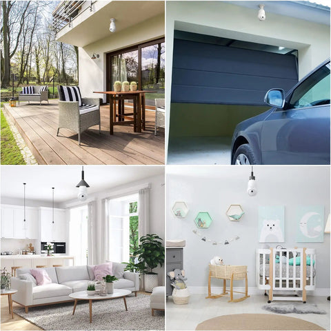 2K Light Bulb Security Camera Wireless Outdoor Bulb Cam for home security in various home settings, E27 socket shown.