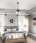 Bedroom with 52 Inch Indoor Ceiling Fan With LED Lights And Pull Chain No Remote For Bedroom Or Living Room Five Blades Standard Mount Includes Bright LEDs Matte Silver Finish Easy Install