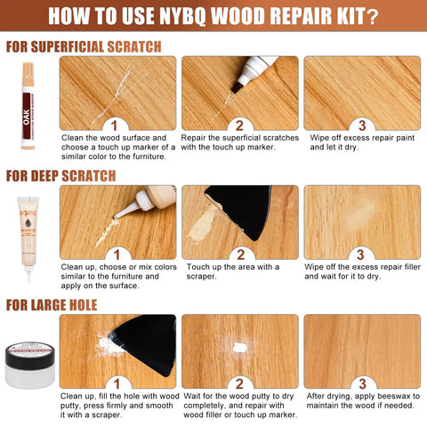 Instructional guide for Hella Effective 41 Piece Wood Furniture Repair Kit And Laminate Floor Scratch Fix Set featuring touch up markers and fillers.