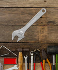 Heavy Duty 8 Inch Adjustable Wrench With Extra Wide Jaw And Ergonomic Comfort Grip, High Carbon Steel Spanner displayed on wooden background.