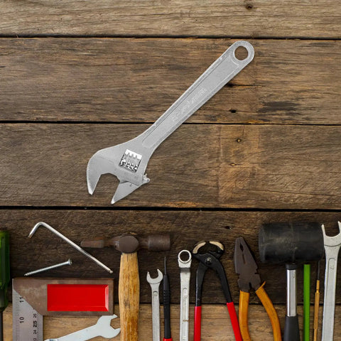 Heavy Duty 8 Inch Adjustable Wrench With Extra Wide Jaw And Ergonomic Comfort Grip, High Carbon Steel Spanner displayed on wooden background.