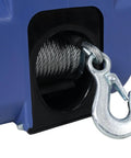 Close-up of Must-Have Reversible 12V Electric Winch With Wireless Remote showing galvanized rope and hook.
