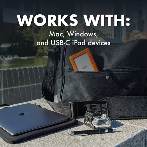 Rugged 5TB Portable External Hard Drive USB Three Point Zero And USB Two Point Zero Compatible Built Tough For Mac And PC in bag