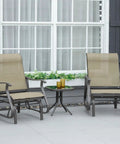 Two Outdoor Gliders And Glass Top Bistro Table Set with Steel Frame for Patio Garden Backyard and Lawn Gray outside house