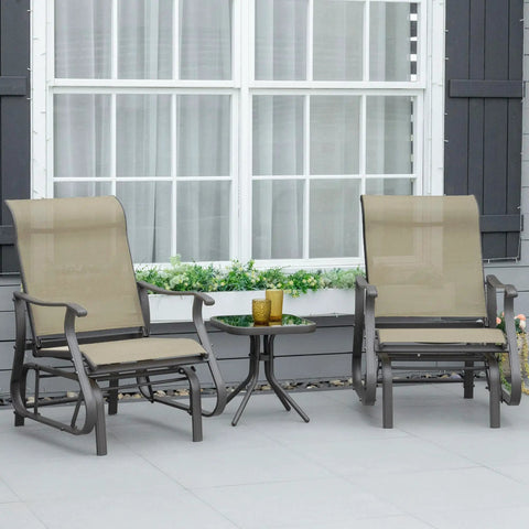 Two Outdoor Gliders And Glass Top Bistro Table Set with Steel Frame for Patio Garden Backyard and Lawn Gray outside house