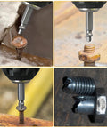 5 Piece Screw Extractor Set for Stripped Screws and Bolts in use on rusted and broken screws with drill bit tools.
