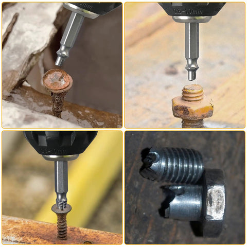 5 Piece Screw Extractor Set for Stripped Screws and Bolts in use on rusted and broken screws with drill bit tools.