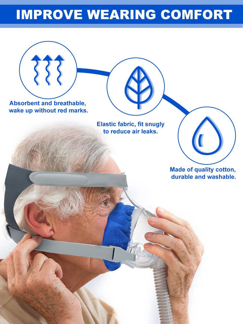 Senior using 24 Pack Full Face Mask Liners For Comfy Comfort And Leak Prevention Reusable Soft Cushions That Cut Air Leaks And Blisters