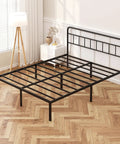 Rock Solid Full Size Bed Frame With Sleek Minimalist Headboard In Matte Black, metal platform setup in a clean bedroom.