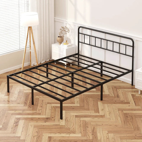 Rock Solid Full Size Bed Frame With Sleek Minimalist Headboard In Matte Black, metal platform setup in a clean bedroom.