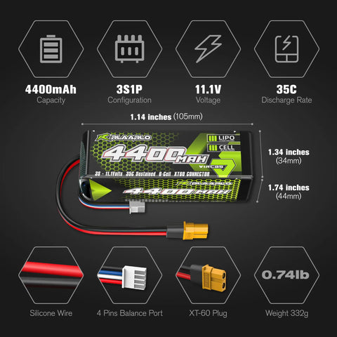 3S LiPo Battery 4400mAh 11.1V 35C with XT60 connector and dimensions shown