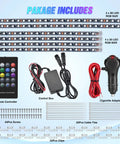 Package contents of Six Piece Dope Underglow Neon Accent Strip Lights With 300 LEDs RGB Multi Color DIY Sound Active Music Mode App Control And Remote For Van SUV Truck Easy Install