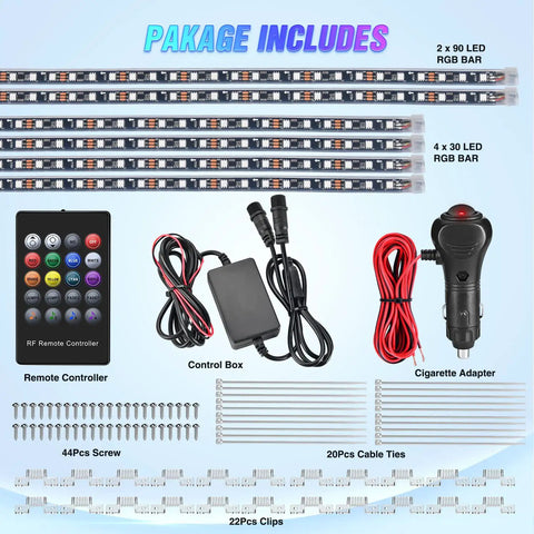 Package contents of Six Piece Dope Underglow Neon Accent Strip Lights With 300 LEDs RGB Multi Color DIY Sound Active Music Mode App Control And Remote For Van SUV Truck Easy Install