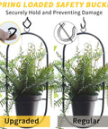 Side-by-side comparison of upgraded and regular spring loaded safety buckle on hanger holding a potted plant