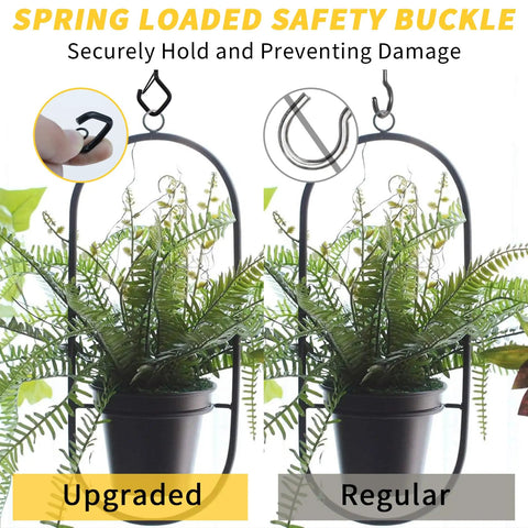 Side-by-side comparison of upgraded and regular spring loaded safety buckle on hanger holding a potted plant