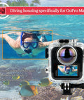 Waterproof Underwater Housing Case For MAX 2 Action Camera with anti-fog shield used for snorkeling in clear ocean water.