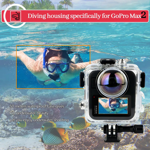 Waterproof Underwater Housing Case For MAX 2 Action Camera with anti-fog shield used for snorkeling in clear ocean water.