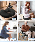 Donut Pillow Seat Cushion With Cooling Gel And Memory Foam Comfy Office And Home Chair Cushion For Tailbone Pain Relief Hemorrhoids And Back Soreness Car Seat Ready Black shown in various settings including car, home, office, and wheelchair.