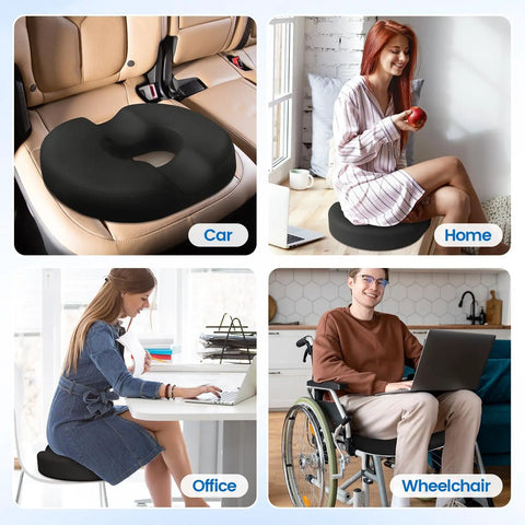 Donut Pillow Seat Cushion With Cooling Gel And Memory Foam Comfy Office And Home Chair Cushion For Tailbone Pain Relief Hemorrhoids And Back Soreness Car Seat Ready Black shown in various settings including car, home, office, and wheelchair.