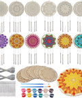 DIY Mandala Wind Chimes Craft Kit for Kids Color Your Own Wind Chimes With Wood Hanging Ornaments 24 Sets Kid Friendly Fun Craft Project For Home School Party Activity showing wooden mandala pieces, chime tubes, paint set, and brushes.