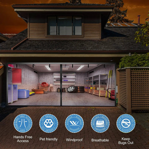 Hands Free Magnetic Garage Screen Door 16x7 Feet For Two Car Garages Fiberglass Mesh Protects Open Garage Entry