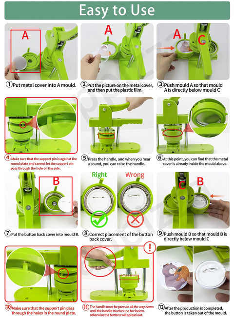 Instruction sheet for All In One Button Maker Kit With Interchangeable 32mm And 58mm Dies, Easy to Use steps for badge making.